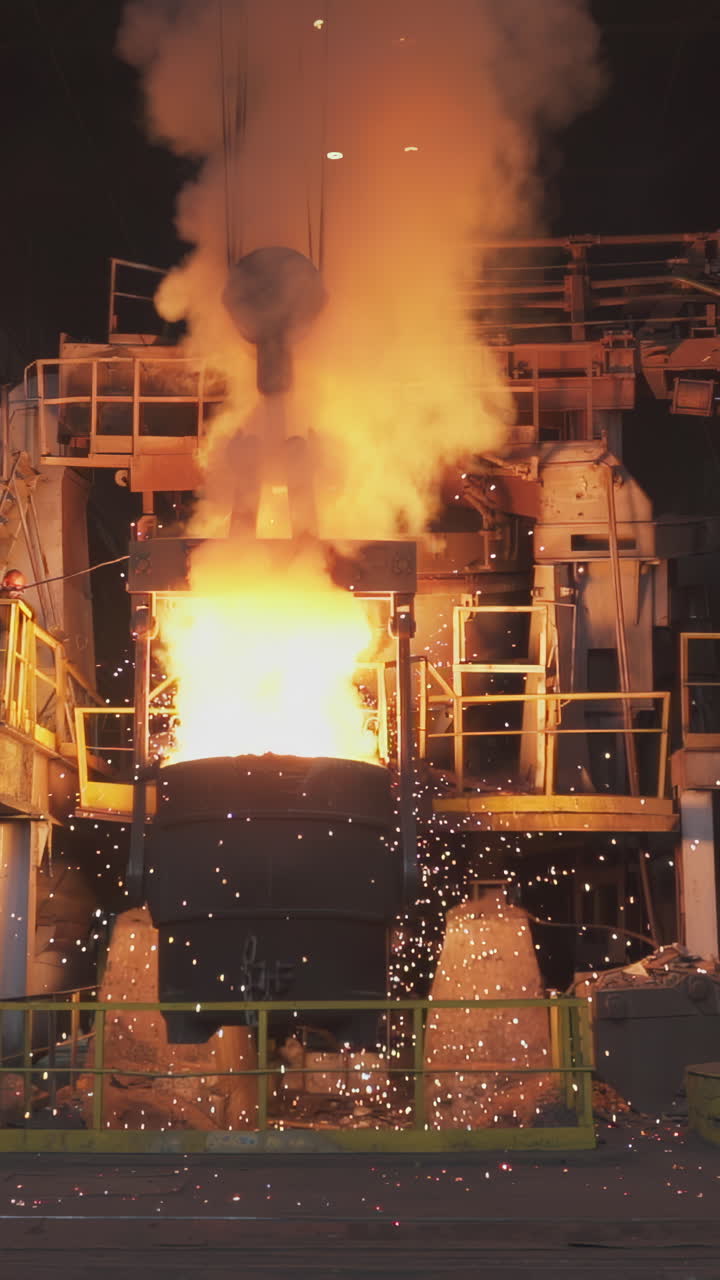 Molten Metal Pouring in a Steel Mill with Sparks and Smoke