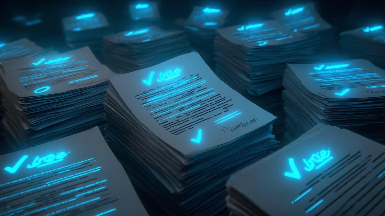 Overview of Stacked Documents with Neon Checkmarks Illuminating the Pages, Creating a Focus on Completed Tasks in a Polished Digital Environment