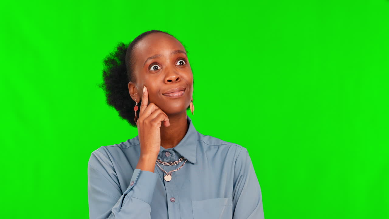 Thinking, idea and face of black woman in green