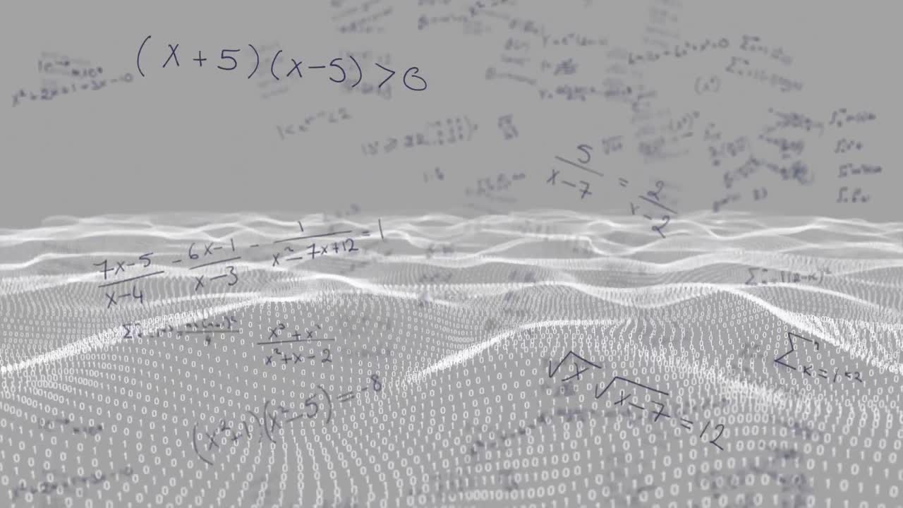 Mathematical equations floating against digital wave on grey background
