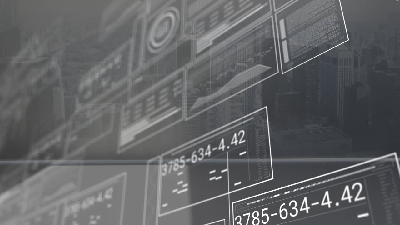 Animation of digital interface overlaying urban cityscape with data panels visible