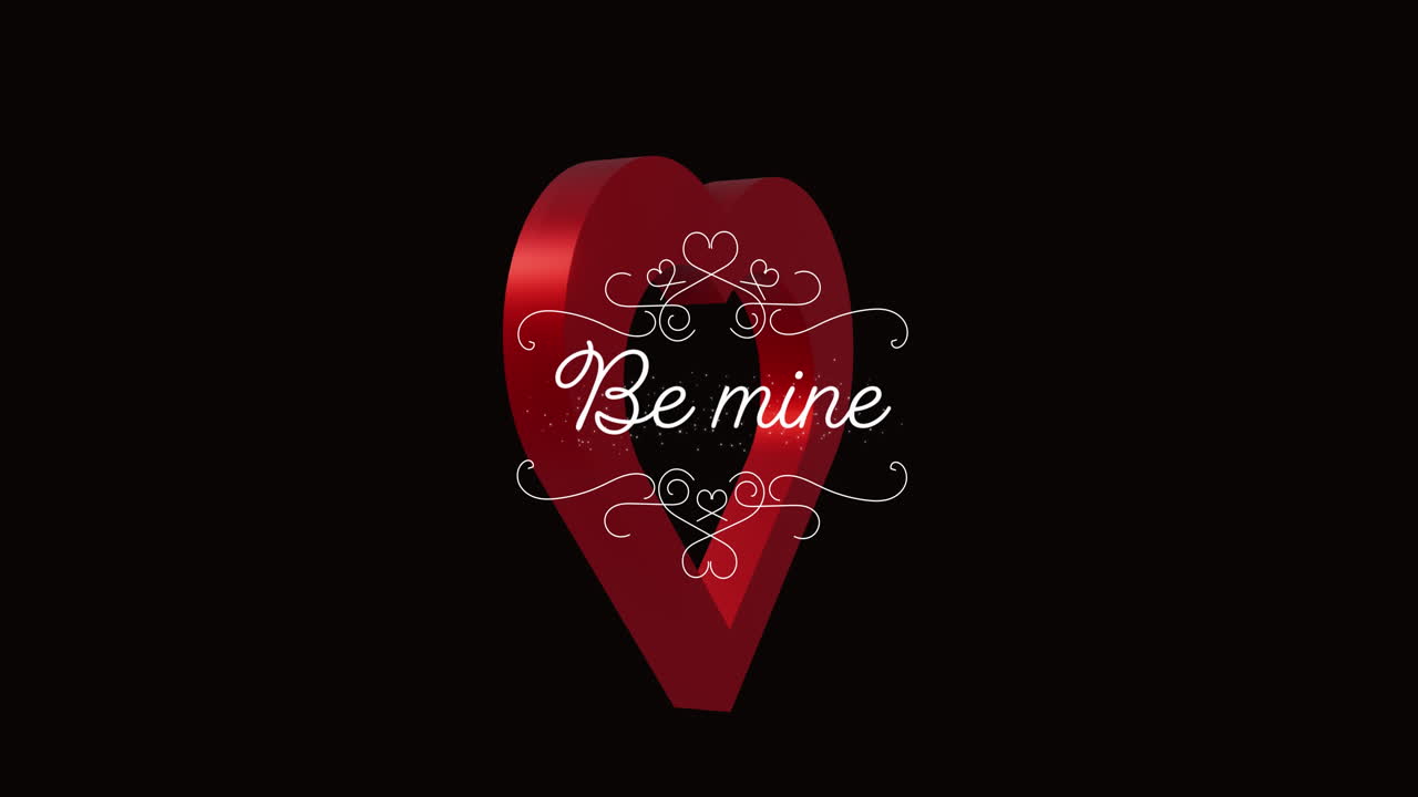 검은 바탕에 빨간 심장 위에 있는 be mine 텍스트의 애니메이션