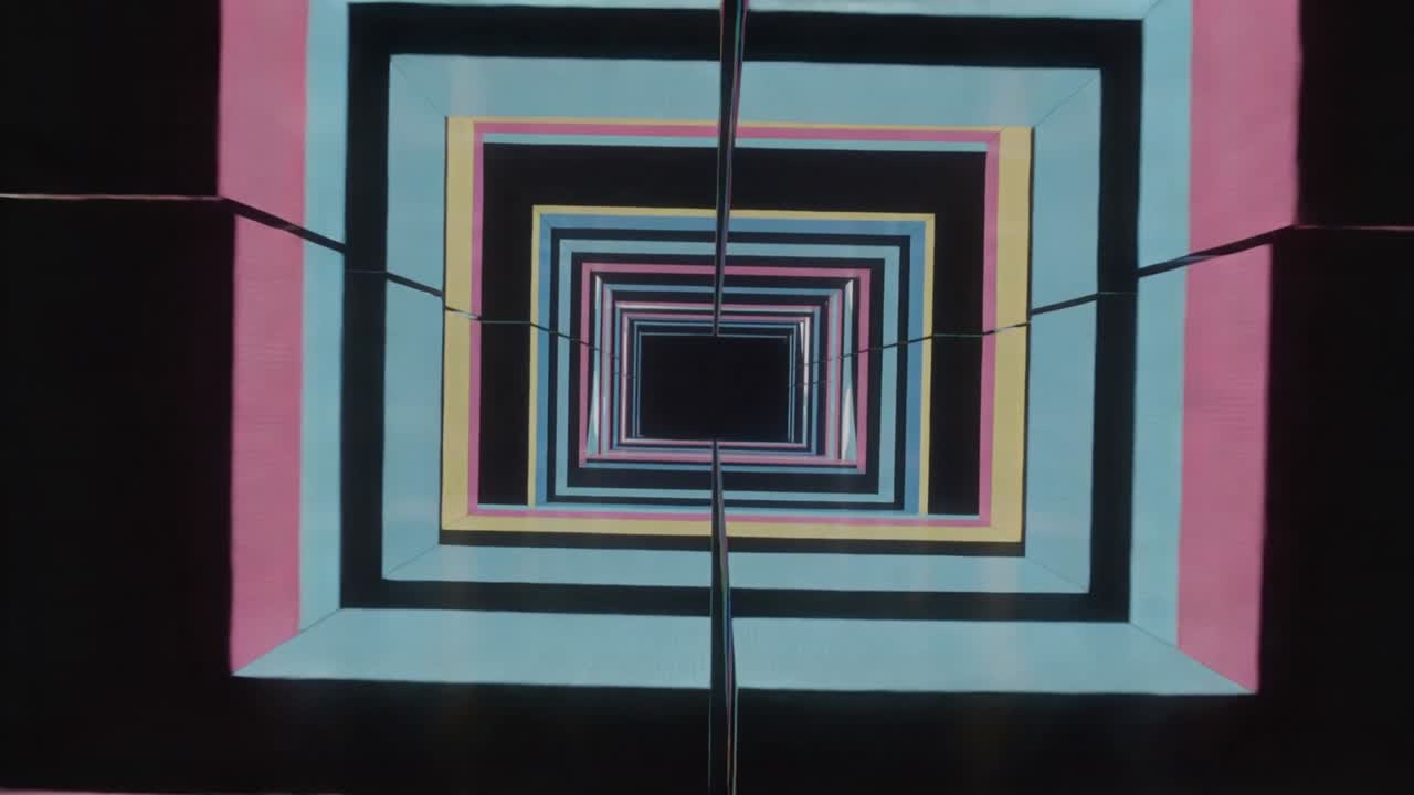 Playback starting, centered tunnel animating inward on screen, showing pastel bands, seam, glints