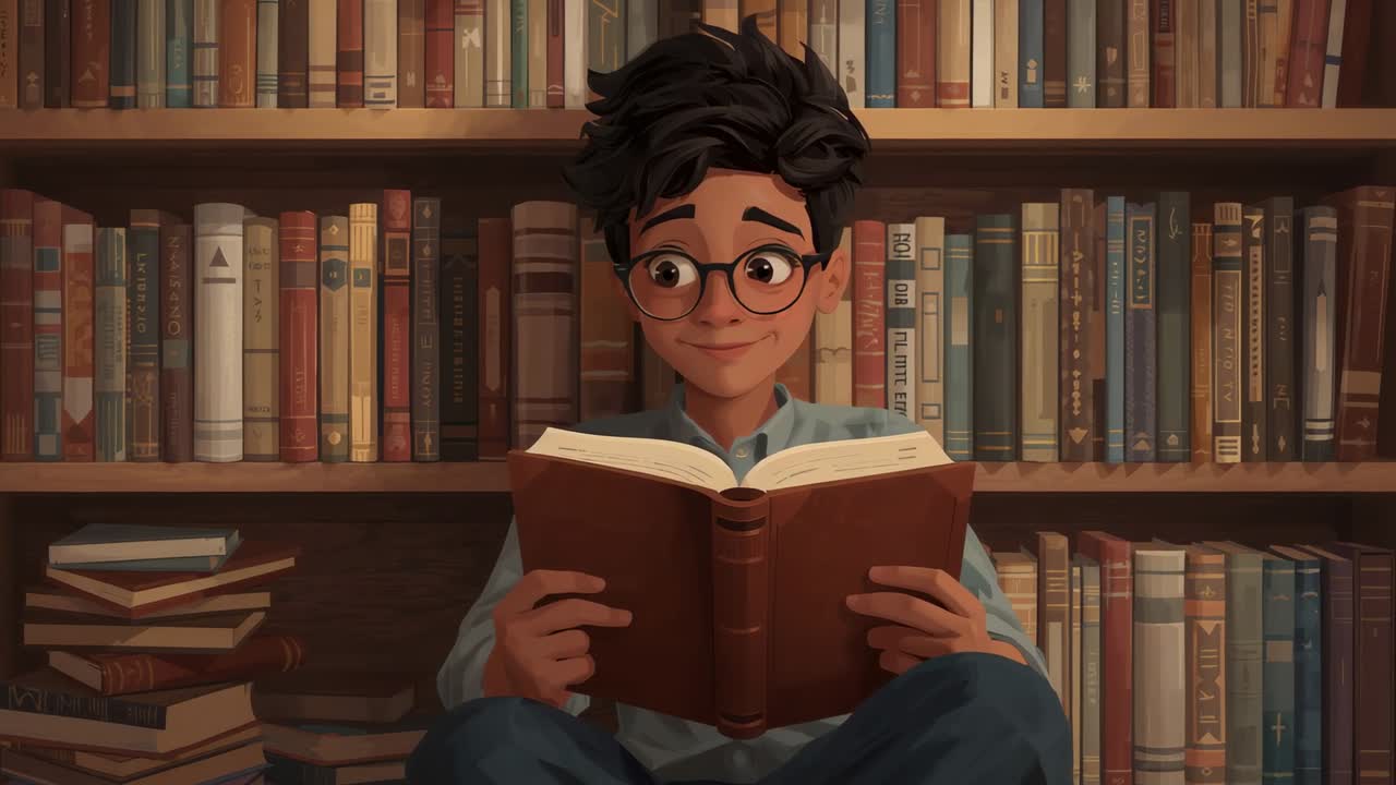 Teenager mit Brille, der ein großes, braunes Buch in einem von Bücherregalen gesäumten Raum aufschlägt, Seiten scannt und lächelt