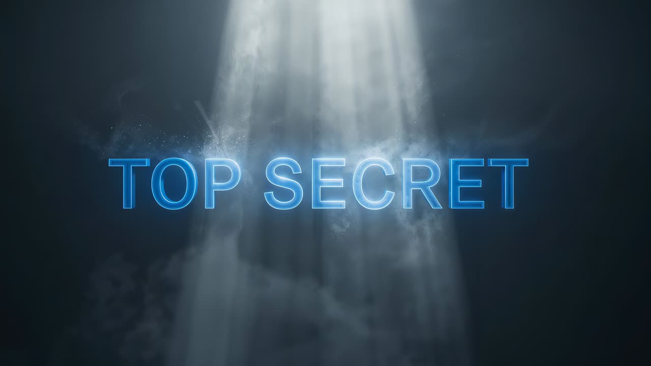 Intensifying light shafts revealing neon-blue TOP SECRET text on dark set, signaling secret reveal