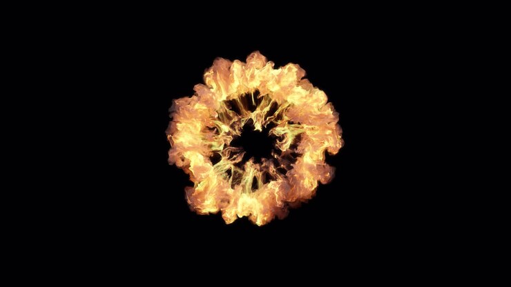 Explosion dynamique d'anneau de feu et de fumée sur fond noir