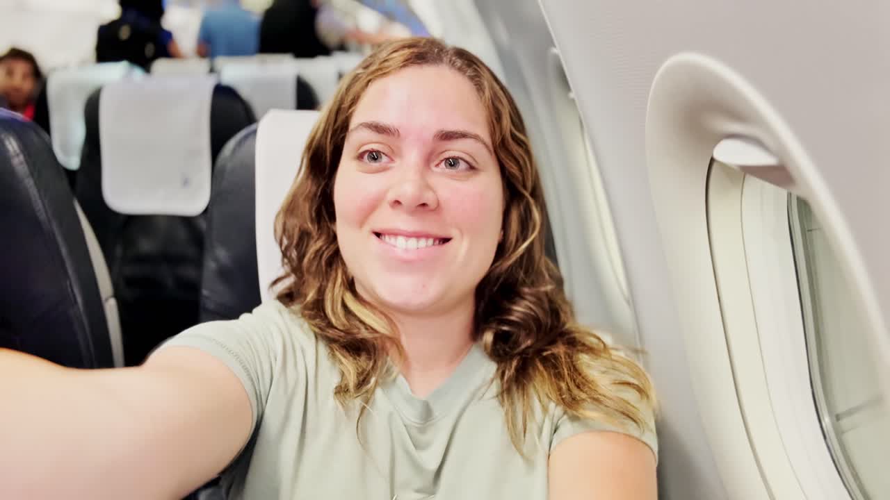 Woman Smiling by an Airplane Window at Night