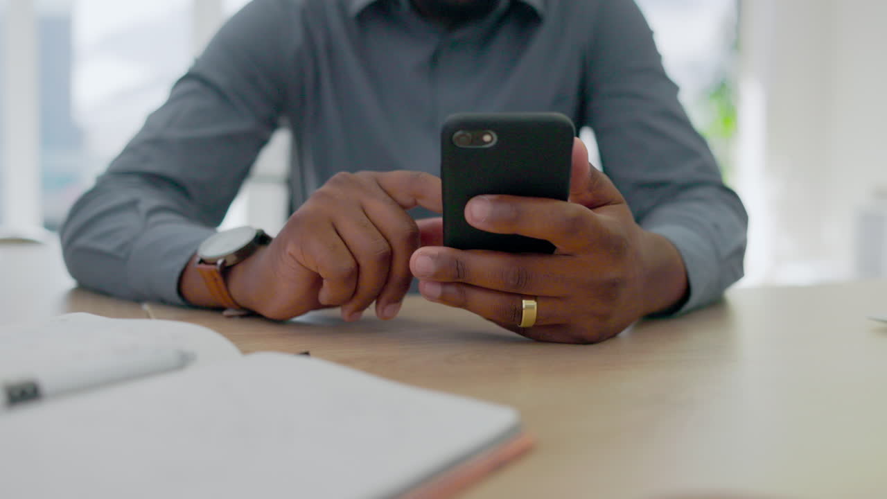 Smartphone, typing and hands of black man