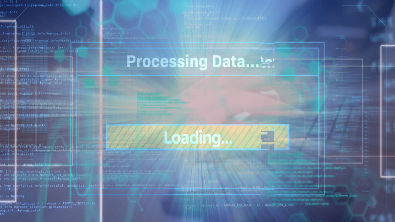 데이터 처리 및 파란색 배경에 대한 빛 점과의 인터페이스의 애니메이션