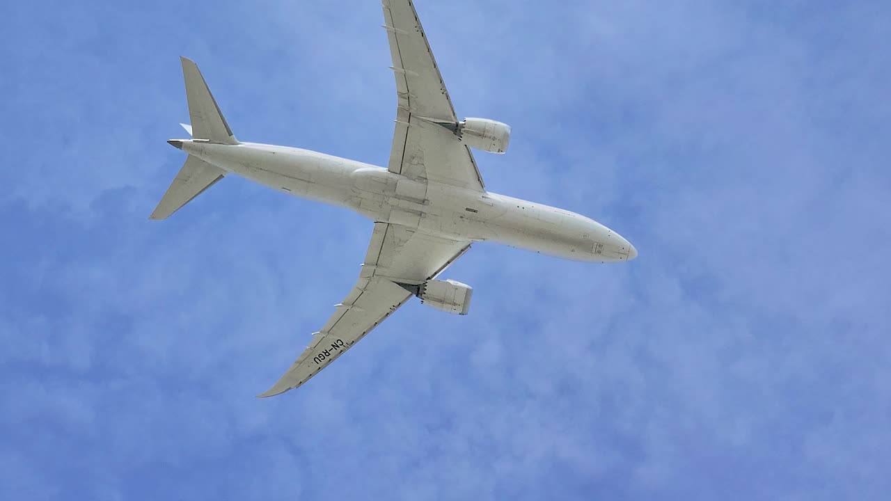 Commercial Airplane Flying Overhead, Sky Background View