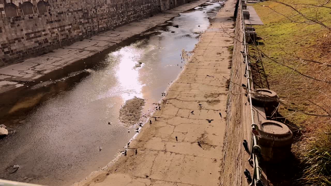 Low water level in an urban river with cracked concrete embankments in Vienna, Austria