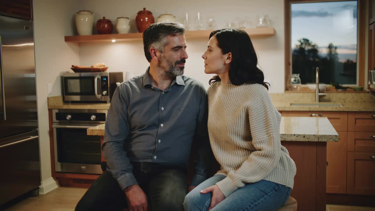 Uomo appoggiato con camicia abbottonata e donna con maglione che si avvicinano a un’isola da cucina, su suggerimento di uno sguardo