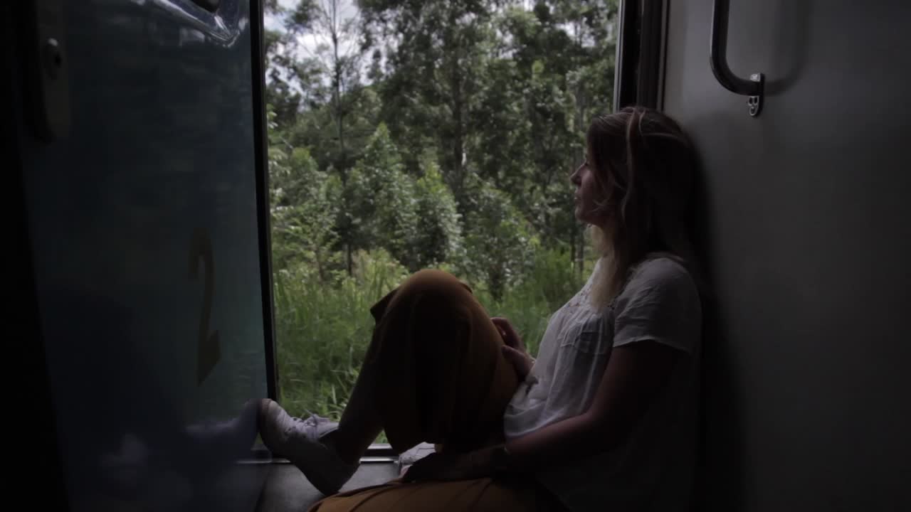 Woman in train riding through jungles of Sri Lanka