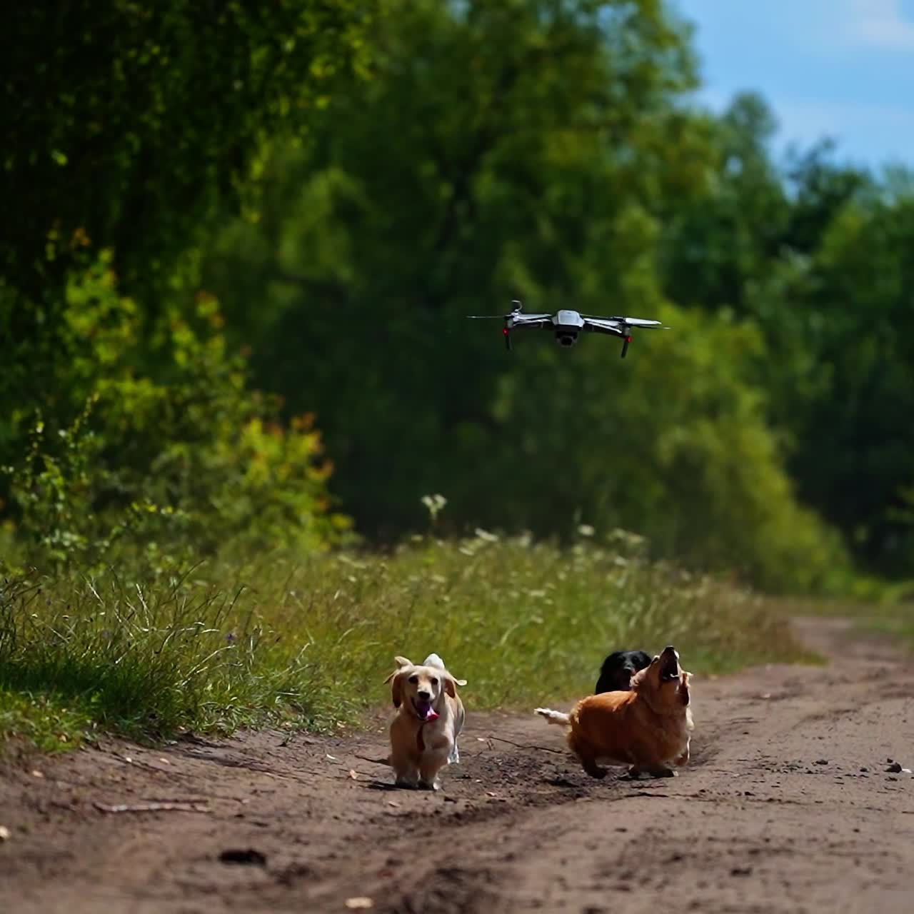 Pedigree pets outdoors. Domestic dogs running and jumping on beautiful green nature background. Drone flying over the running canine pets.