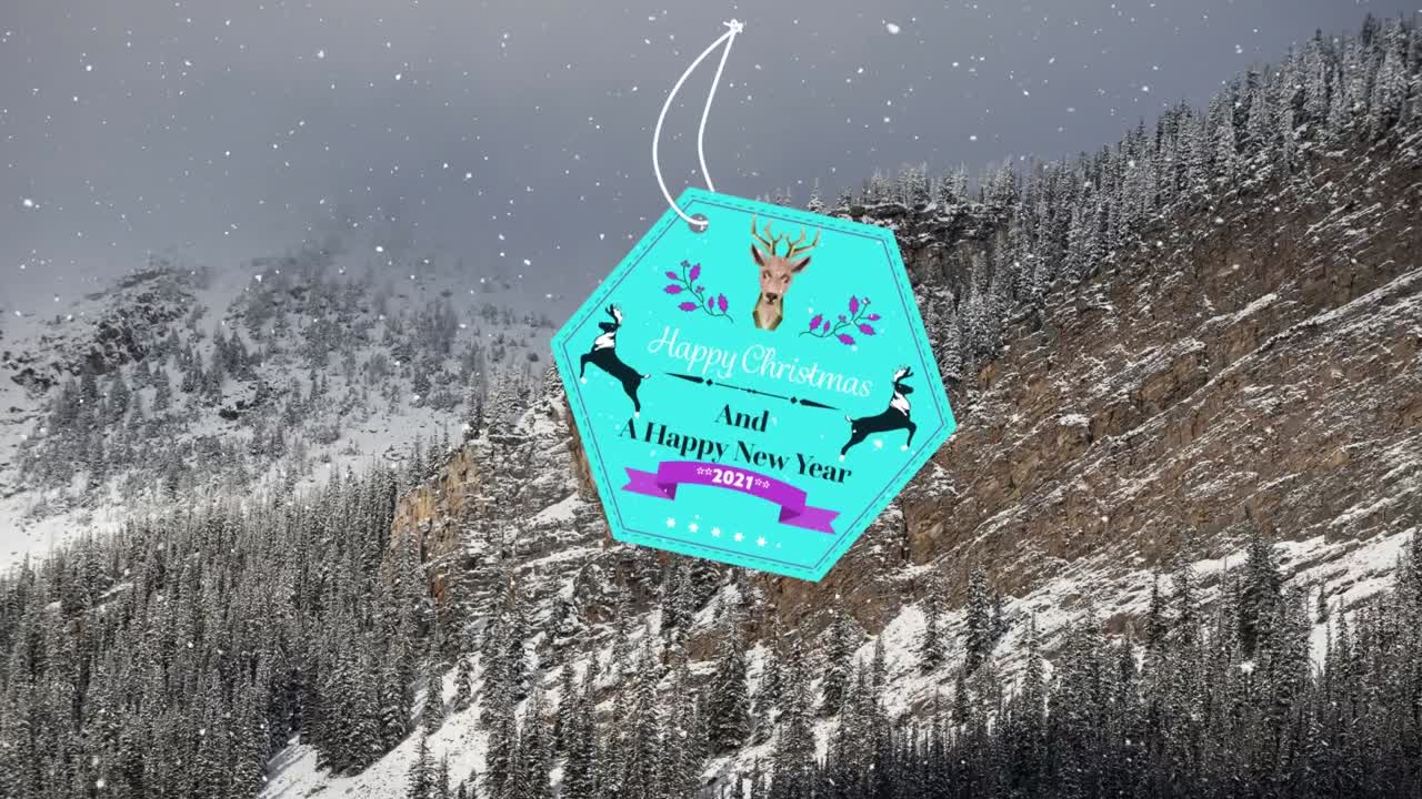 animazione della neve che cade sul tag presente nel paesaggio invernale