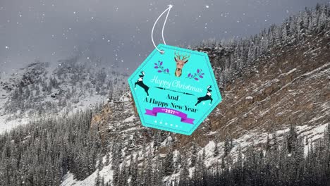 animación de la nieve cayendo sobre la etiqueta actual en el paisaje de invierno