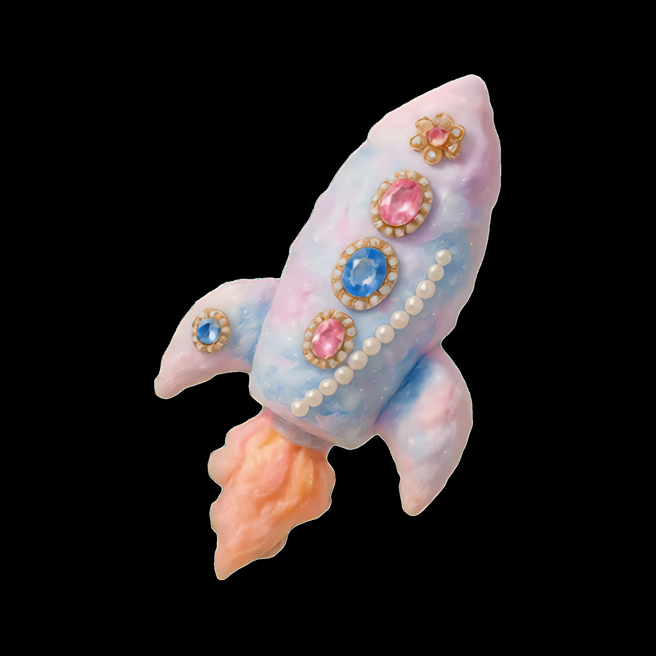 Whimsical jeweled rocket sculpture animation isolated asset, transparent 4K video, alpha channel