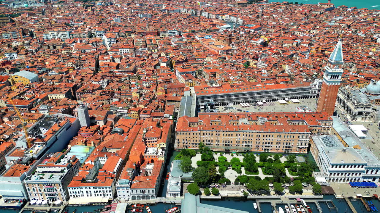 Aerial drone view of Venice, Italy. Historical city centre with St Mark's Square and other old buildings and narrow streets