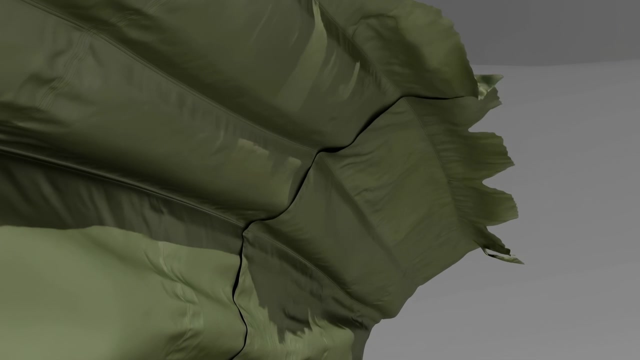 Close-up motion plate showing dark olive-green textile draped across frame with torn, frayed right-hand edge lifting, curling, and occasionally flipping while central panel remains smooth and draped