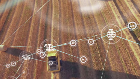 farming technology icons and network connections animation over aerial view of field