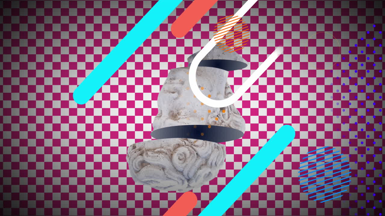 빨간색과 색의 체커 된 배경에 모양 위에 고대 잘라진 머리 조각의 애니메이션