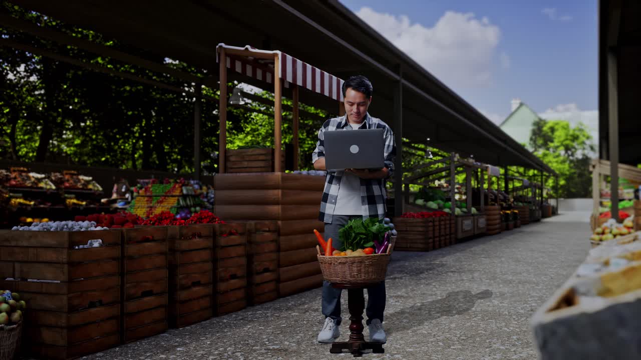 Ganzkörperaufnahme eines asiatischen Bauern mit Gemüsekörben, der lächelt, während er auf einem Bauernmarkt einen Laptop benutzt