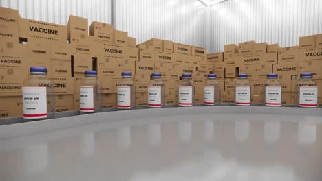 las botellas de vacuna en la línea de producción. la vacuna contra el coronavirus ha sido certificada y está lista para la inyección. muchas familias están esperando ser vacunadas contra la covid-19 y el sars, animación de renderización de bucle 3d.