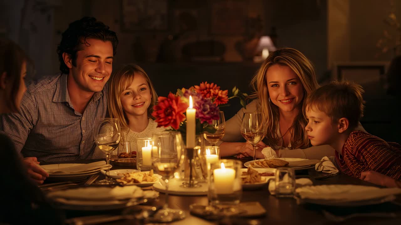 Lächelnde Familie beim gemeinsamen Abendessen im Esszimmer zu Hause, flackernde Kerzen, die Teller und Wein halten
