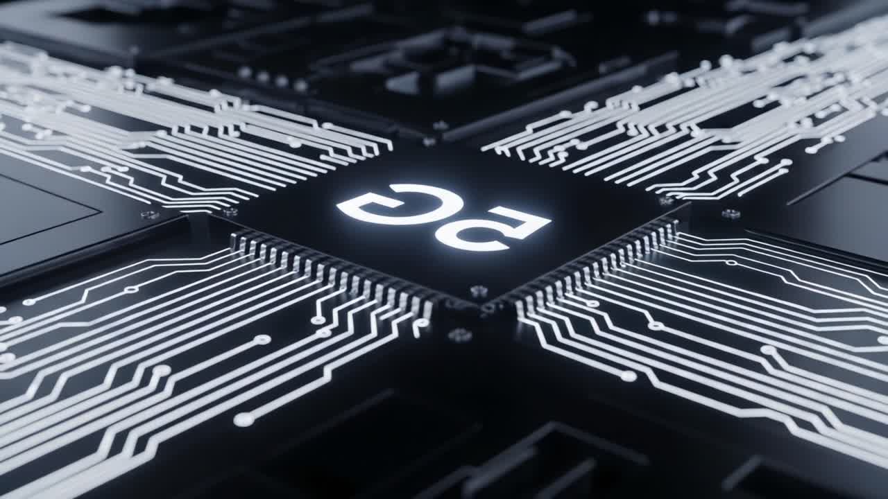Exploring the Intricate Design of a High-Tech Circuit Board Featuring 5G Technology Connections and Advanced Microchip Architecture in a Futuristic Setting