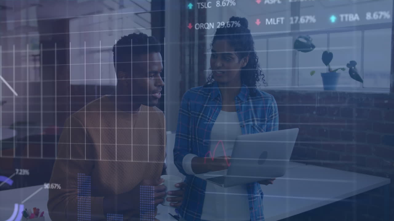 Animation of graphs and trading board over diverse colleagues discussing over laptop in office