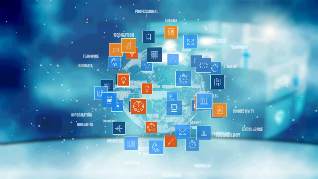animación de los iconos de las redes sociales sobre el globo giratorio