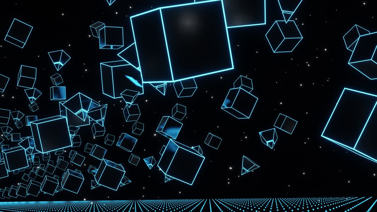네온 큐브와 피라미드가 평면 위에 부드럽게 떠다니고 있습니다.