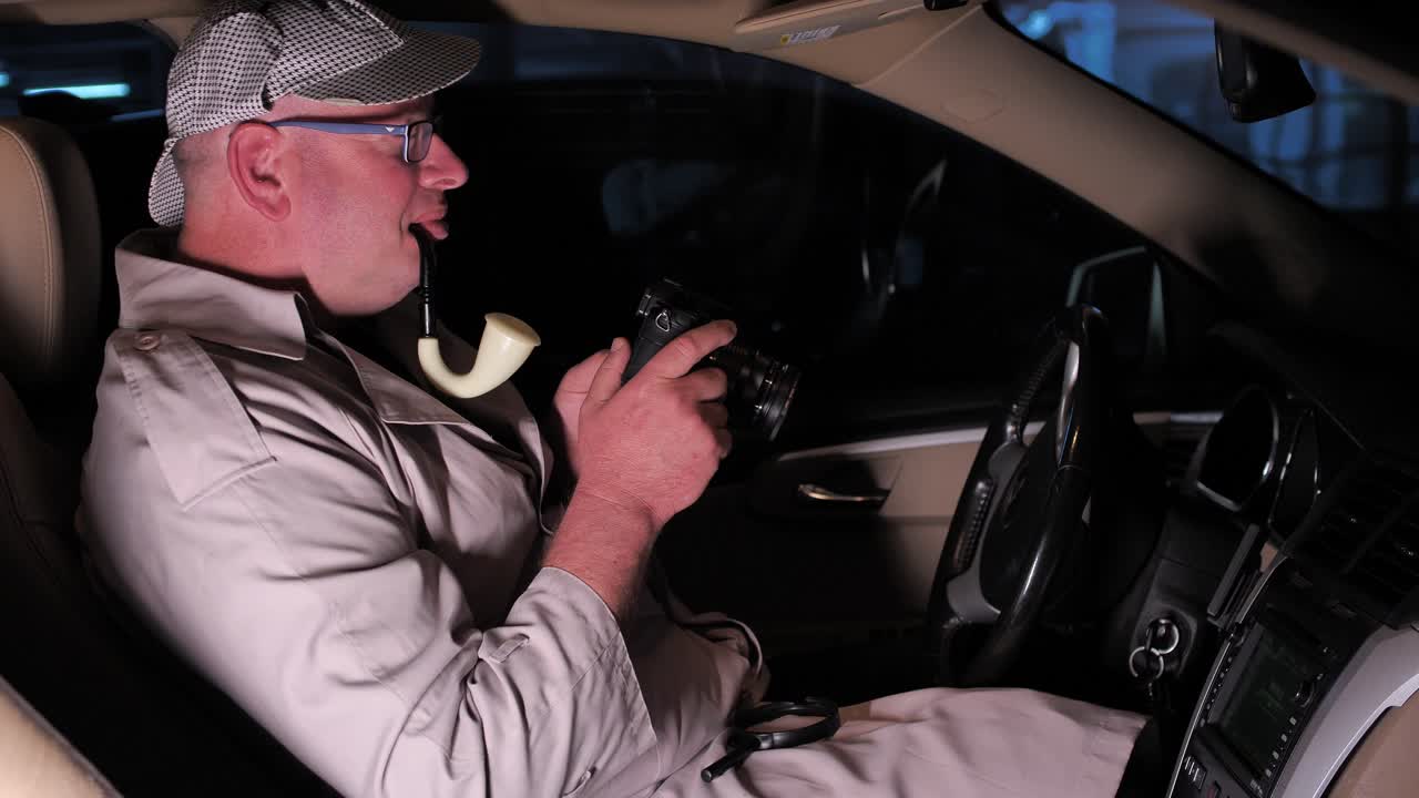 detective divertido vestido como sherlock se queda dormido en el auto esperando para tomar una foto