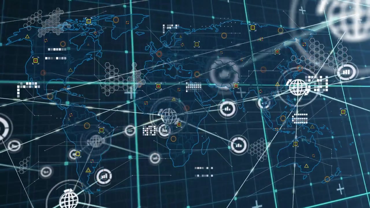 Dark grid expanding causing globe appearing, data nodes connecting illustrating global network
