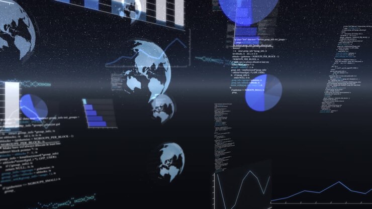 Animation of globes spinning, statistics recording and data processing over universe