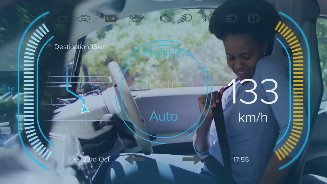 Fastening seatbelt, woman with digital dashboard showing speed and navigation animation