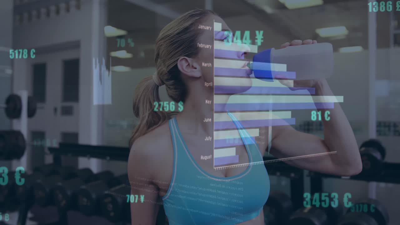 체육관에서 물을 마시는 백인 여성에 대한 데이터 처리 애니메이션