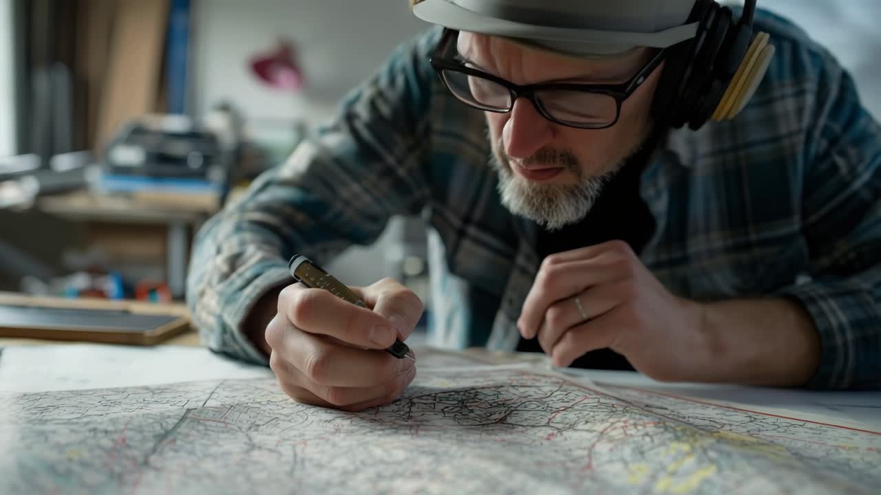 Professional cartographer wearing headphones, precisely drawing intricate map lines with focused concentration in detailed workshop environment