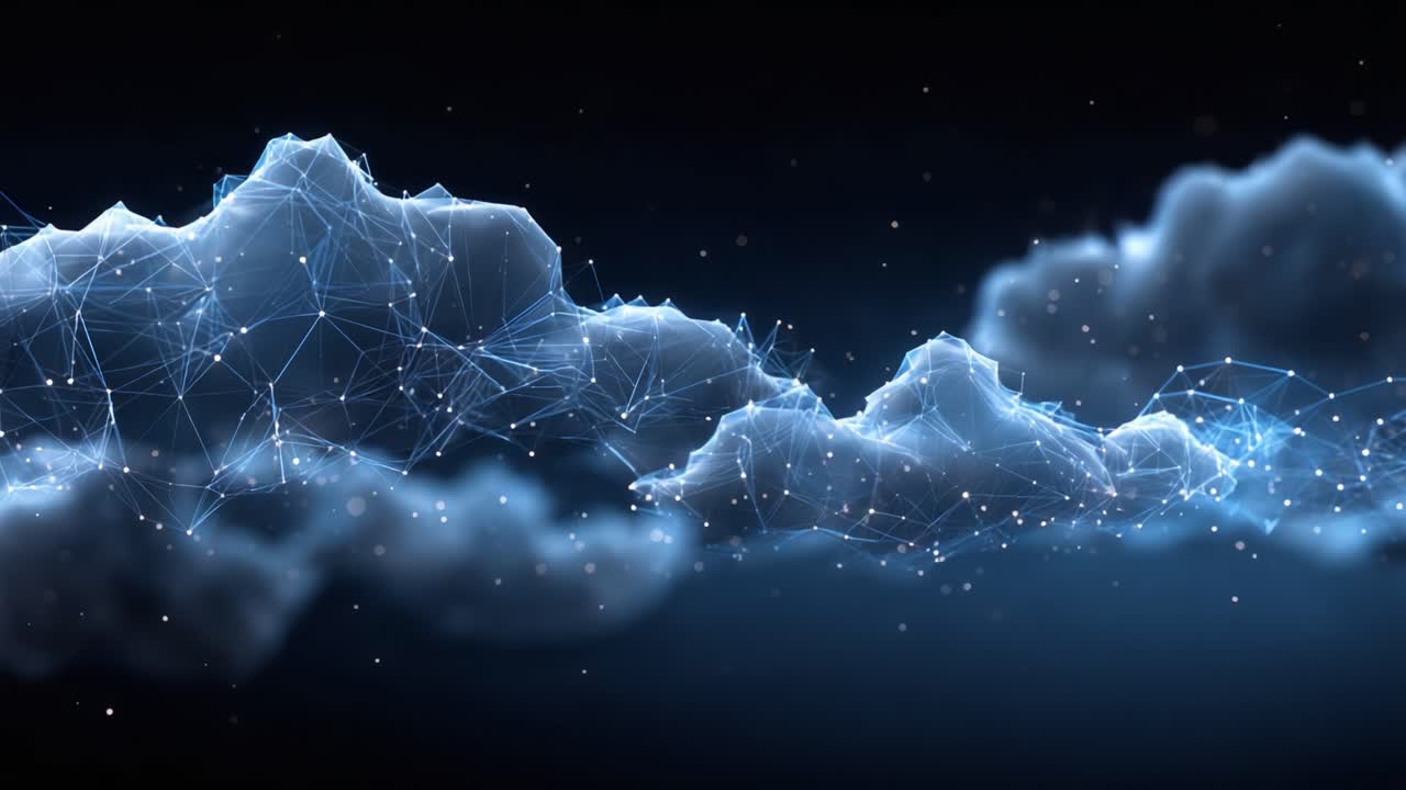 A Stunning Visual Representation of Digital Clouds Using Complex Network Patterns and Cosmic Elements, Capturing the Essence of Technology Merging with Nature in a Dark Atmosphere