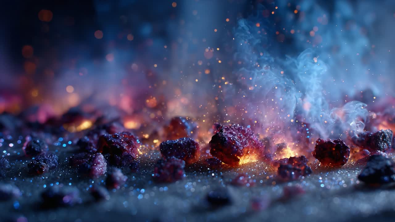 A Captivating Visual Journey through Glowing Ember Particles and Spiraling Smoke: Nature's Fiery Dance in an Enigmatic Landscape