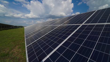 close-up of solar panel collecting sunlight. ecology innovation of clean sun energy. long solar device on the field.