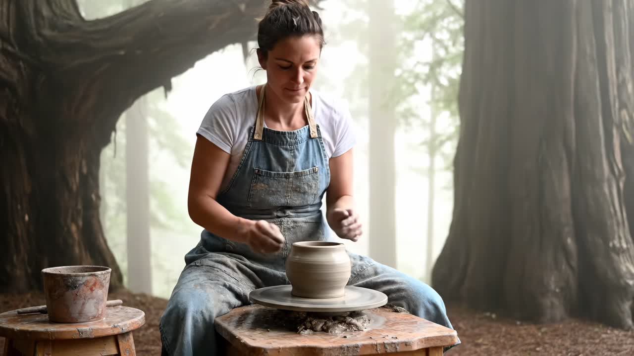 Donna che crea ceramiche in uno studio nella foresta