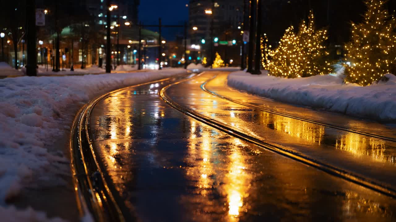 Enchanting Night Walk Along a Wet Pathway Illuminated by Warm Lights and Snowy Accents, Reflecting the Glow of Festive Atmosphere in a Tranquil Urban Environment During Winter Season