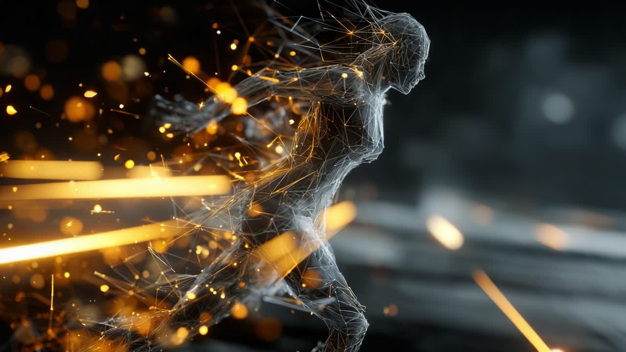 A stunning digital visualization of a running figure, crafted from intricate lines and glowing particles, creating a mesmerizing effect of motion and speed in an abstract digital space