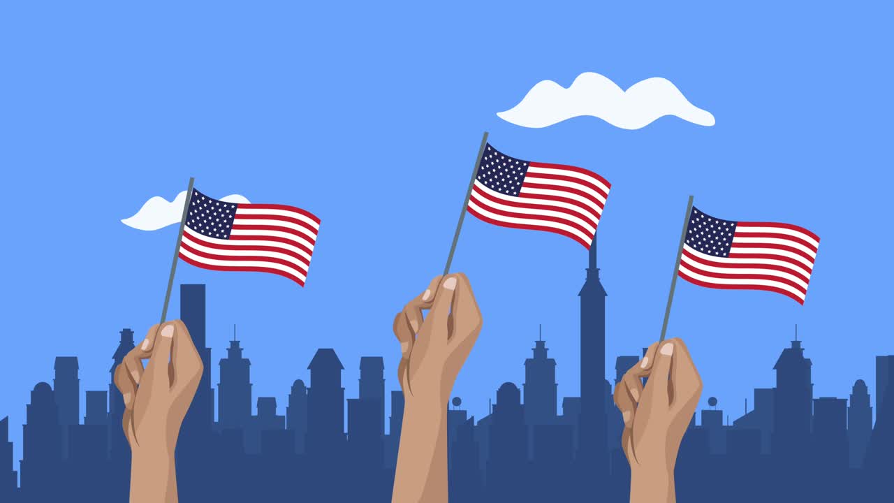 usa celebration with usa flags on the city animation