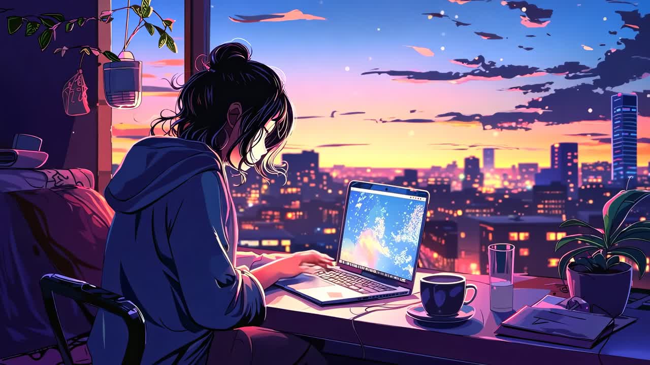 Scena in stile anime di una persona che usa un laptop vicino a una finestra al tramonto