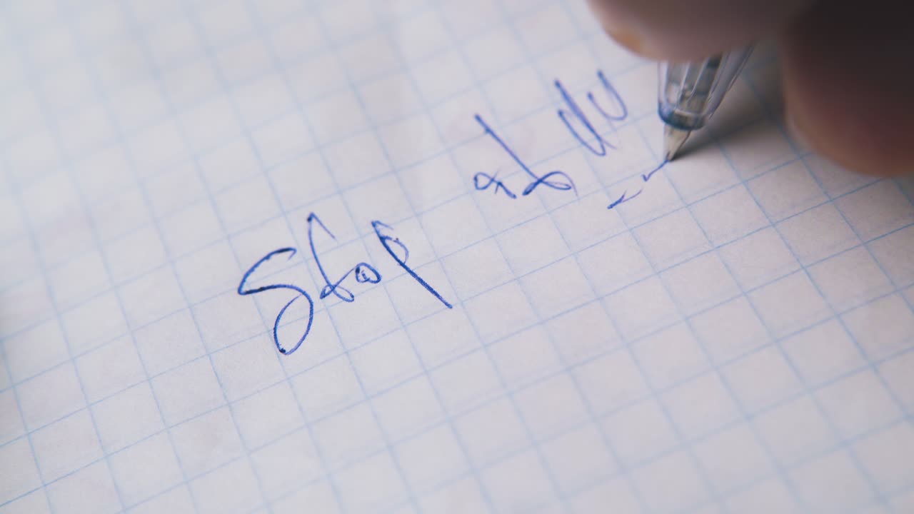 사람은 빈 체크 된 종이 종이에 문장을 쓰고 멈추십시오.