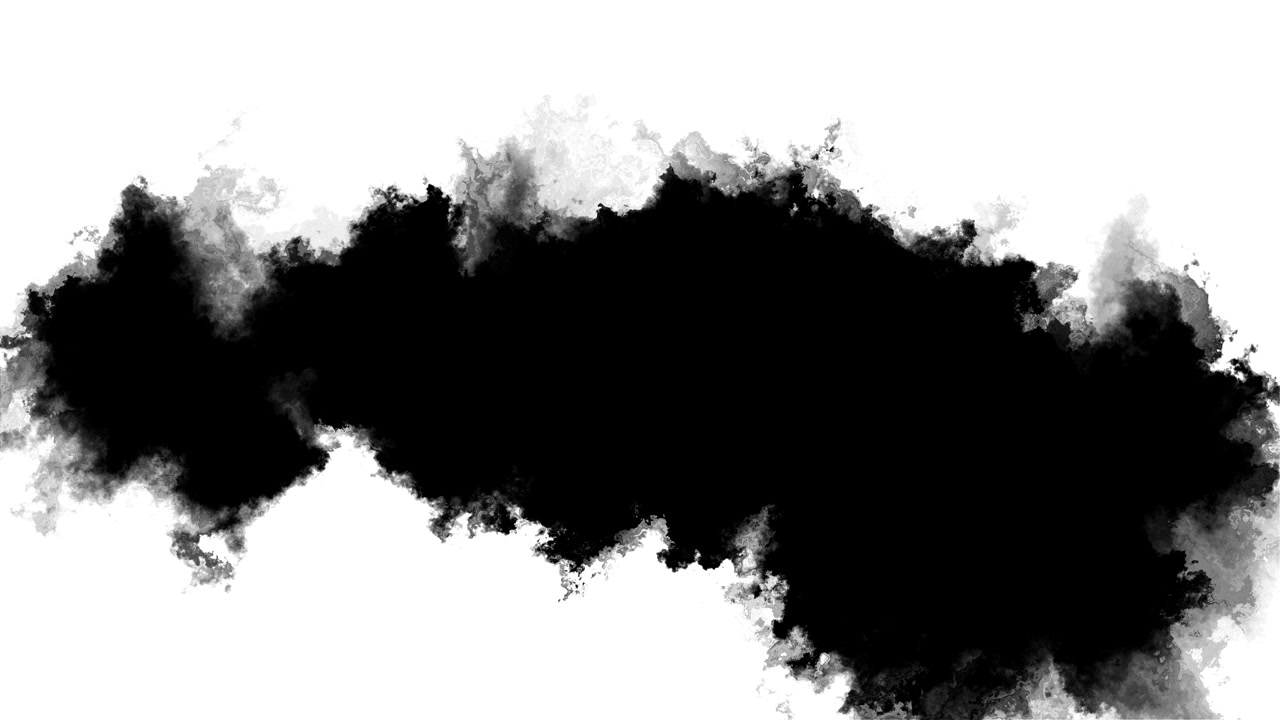 Nuvola di fumo nero su sfondo bianco, texture di inchiostro che si espande, bordi grigi tenui, forma astratta drammatica.