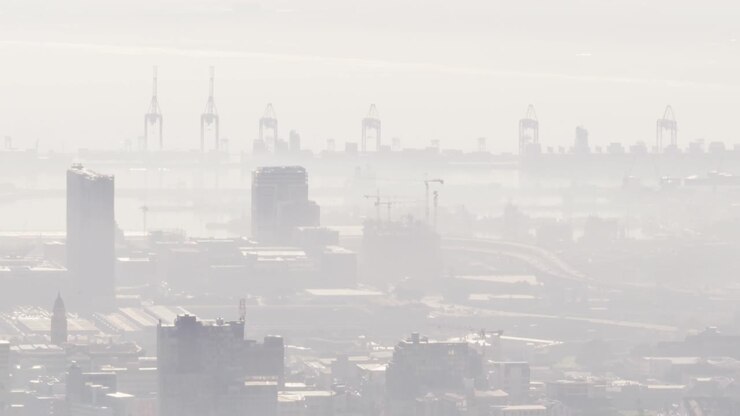 General view of cityscape with multiple buildings and shipyard covered in fog