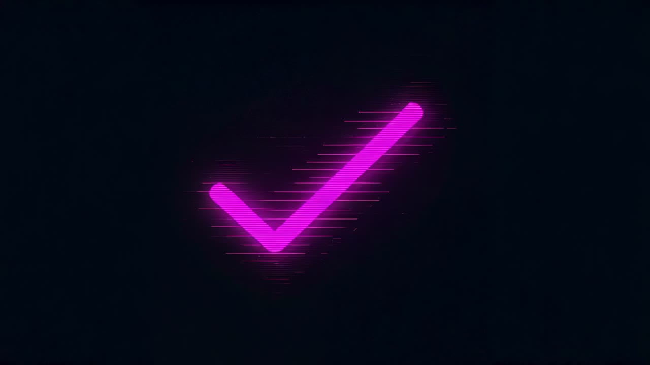 Sweeping magenta scanlines from left boosting centered neon checkmark in void, revealing white core